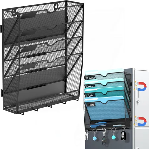 Vista 9 de 5 Tier Wall File Organizer, Metal Holder with Bottom Hooks Negro