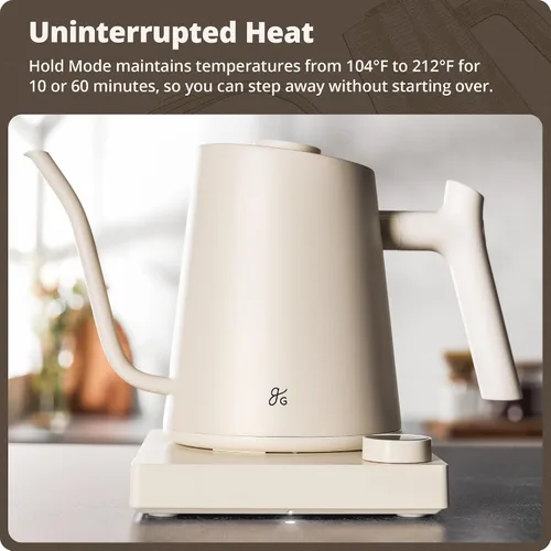 Vista 2 de Greater Goods - Hervidor eléctrico de cuello de cisne, 1200W de acero inoxidable con control de temperatura de precisión, hervido rápido, sin BPA