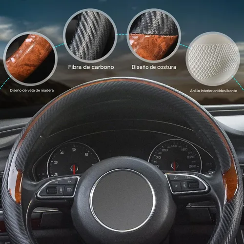 Vista 4 de Funda universal para volante de auto de grano de madera, negra, de cuero de microfibra, adecuada para volantes de 14.5 a 15 pulgadas, cómoda