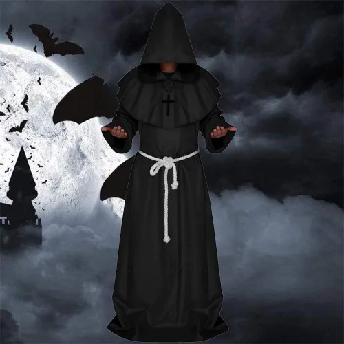 Vista 6 de ALIZIWAY Bata con capucha de fraile monje sacerdote para Halloween y cosplay, Negro