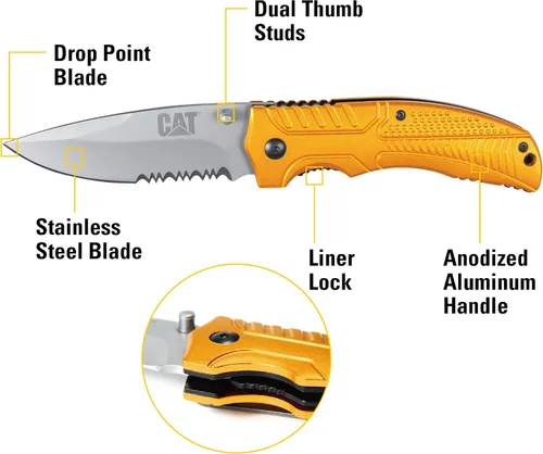 Vista 2 de CAT Drop Point Folding Knife, 7Cr17MoV Stainless Steel Blade, Gold Aluminum Handle, Liner-Lock, EDC Outdoor Camping Knife