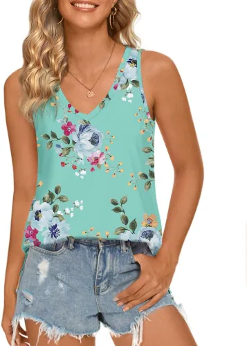Vista 2 de LONGYUAN - Camisetas sin mangas de verano para mujer con diseño casual y holgado, blusa tipo túnica con cuello en V y aberturas laterales