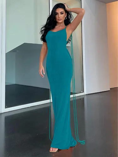 Vista 2 de Volemo Vestidos ajustados para mujer, tirantes delgados, con cordones, espalda descubierta, cuello redondo, vestido maxi de sirena para fiesta