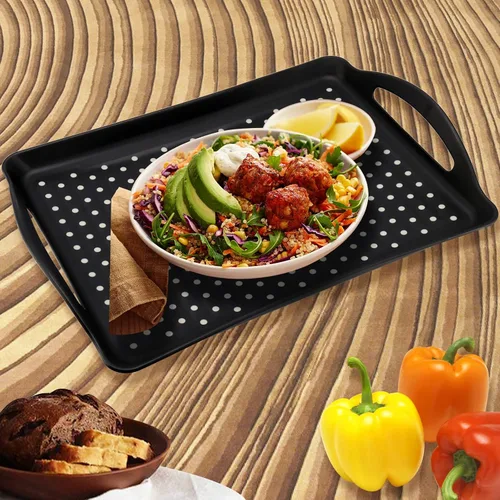 Vista 7 de Paquete de 4 bandejas antideslizantes para servir alimentos con asas, bandeja rectangular de plástico de 16.5 x 11.4 x 1.57 pulgadas, bandeja negra