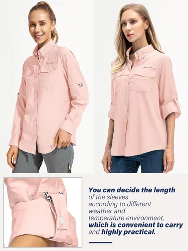 Vista 5 de Camisas Safari de manga larga con protección solar UV UPF 50 para mujer 6 Rosa