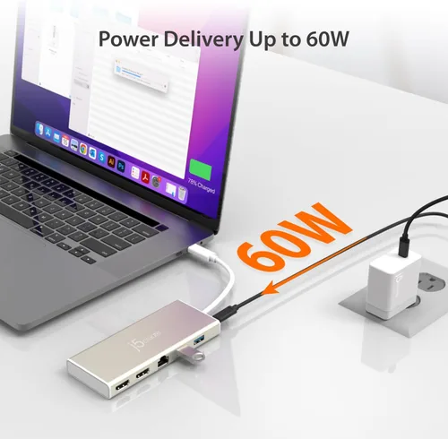 Vista 3 de j5create USB-C Mini Dock-Type C Hub con 2X HDMI, 2X USB 3.0, Ethernet Entrega de potencia 2.0 (JCD381)