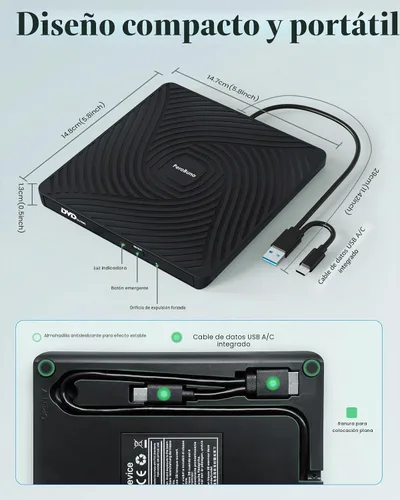 Vista 7 de PeroBuno Unidad externa de CD DVD, unidad óptica USB 3.0 tipo C, lector de discos CD ROM DVD ultradelgado de 0.5 pulgadas, portátil