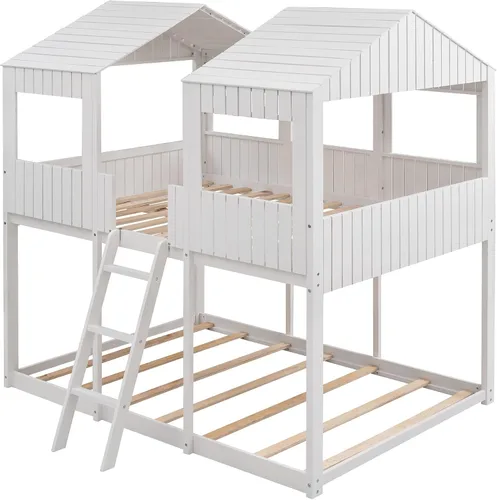Vista 5 de Litera de madera con techo, ventana, barandilla y escalera, color blanco