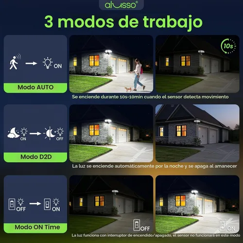 Vista 5 de ALUSSO - Luces exteriores con sensor de movimiento de cabezales de metal Aluminio Negro 3 Modos