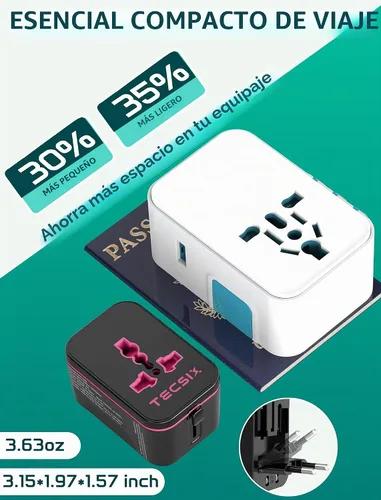 Vista 5 de Adaptador de viaje universal en todo el mundo, adaptador de enchufe de viaje europeo con 2 USB C, 2 USB A y múltiples salidas de CA, convertidor