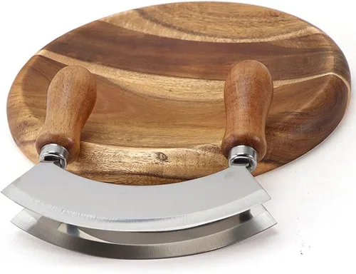 Vista 2 de Mezzaluna - Cuchillo y tabla de cortar redonda, cuchillo de corte de doble hoja de acero inoxidable, cortador de pizza con tabla de cortar
