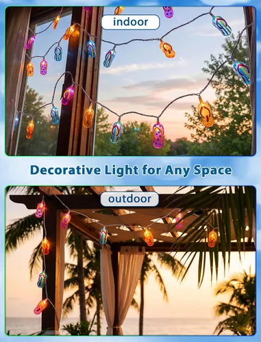 Vista 6 de Luces de cadena tricolor de pantuflas de 8.5 pies, luces de chancletas con temática de playa tropical al aire libre con 10 bombillas de plástico