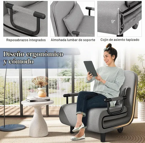 Vista 7 de GIANTEX - Sofá cama convertible 3 en 1 con respaldo ajustable de 5 posiciones, ruedas, 2 patas, tumbona reclinable con almohada, sillones