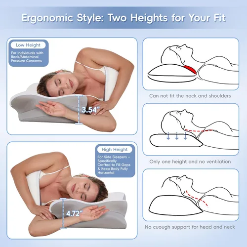 Vista 4 de Almohada cervical para el cuello, almohadas de espuma viscoelástica para aliviar el dolor de cuello y hombros, almohada ergonómica de 2 alturas