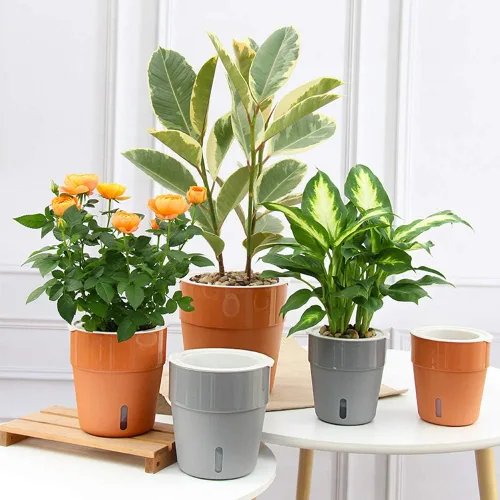 Vista 4 de Paquete de 3 macetas de riego automático de 4 pulgadas con indicador de nivel de agua, maceta moderna para interiores, color gris
