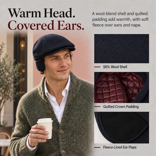 Vista 3 de TOP-EX Gorra plana de mezcla de lana 50% para hombre con orejeras Espiguilla azul marino