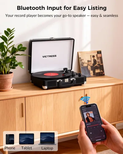 Vista 4 de Tocadiscos de vinilo con entrada y salida Bluetooth, tocadiscos portátil vintage de maleta, tocadiscos LP de 3 velocidades con conversión de vinilo