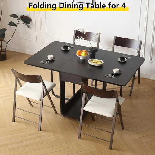 Vista 2 de Mesa de Comedor Plegable con Dos Cajones para 4/6 con Mesa de Hoja Abatible que Ahorra Espacio, Ruedas Bloqueables y Almacenamiento, Superficie
