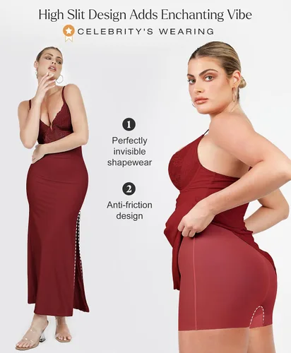 Vista 3 de Popilush Maxi vestidos para mujer, cuello en V profundo, faja moldeadora de encaje de satén con abertura alta, vestido de cóctel, fiesta para salir