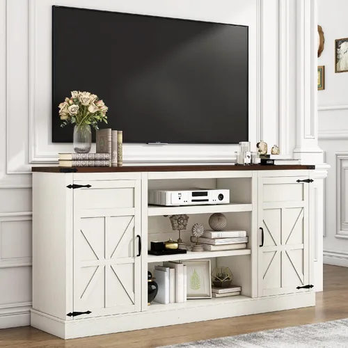 Vista 11 de Hlivelood Mueble de TV Estilo Granja de 66" con Tomas de Corriente para TVs de 75 Pulgadas, Centro de Entretenimiento de 33" de Alto con Gabinetes