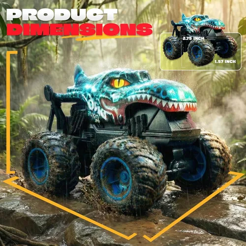 Vista 6 de BEZGAR Monster Truck Toys - Camión monstruo de control remoto con luz y música, juguetes de dinosaurios para niños, camión RC a escala 1:20 con Azul
