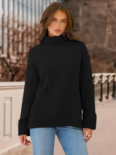 Vista 8 de MEROKEETY Suéter de punto mullido de cuello alto para mujer, manga larga, de gran tamaño, informal, para mujer