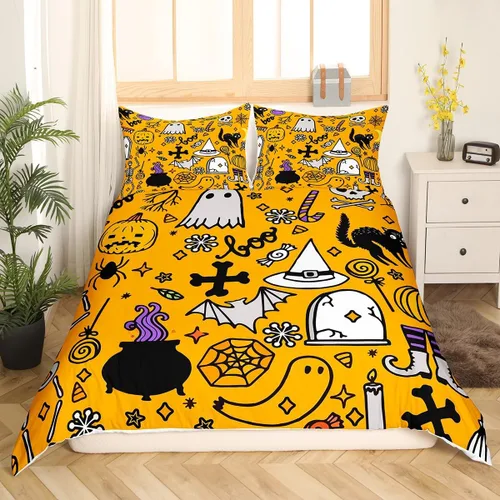 Vista 19 de Feelyou Funda de edredón de Halloween, tamaño individual, con 1 funda de almohada, decoración de Halloween, juego de ropa de cama con estampado