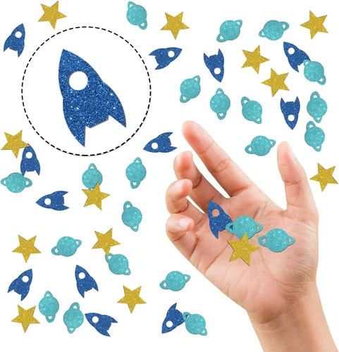 Vista 3 de Confeti con purpurina de cumpleaños con temática espacial, confeti de mesa espacial de estrella de cohete, dispersión de papel para baby shower