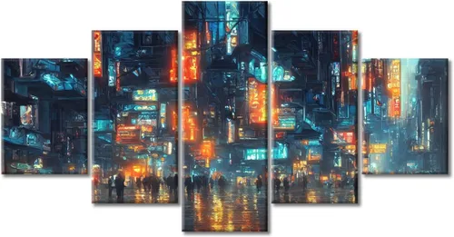 Vista 43 de Cuadros de 5 paneles de Cyberpunk City, arte de pared, representación de vallas publicitarias, edificios modernos en la capital con obras de arte