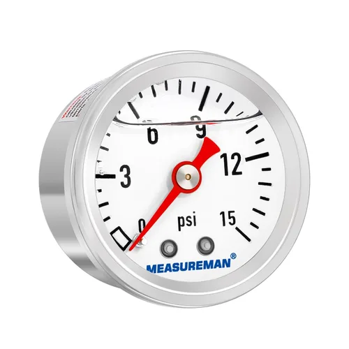 Vista 14 de MEASUREMAN - Manómetro, 0 a 15 psi, relleno glicerina, esfera 1.5 pulgadas, caja acero inoxidable 304, montaje central posterior 1/8 NPT, adaptador