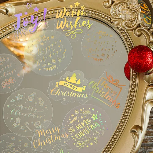 Vista 6 de Aromoty Calcomanías de Navidad de lámina dorada de Papá Noel, muñeco de nieve Set (180 piezas con 6 temas) - Calcomanías de resina transparente