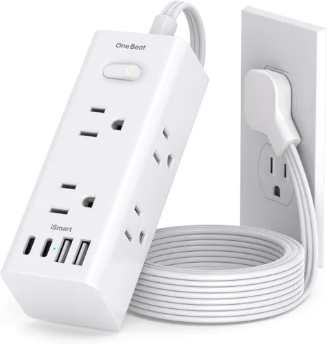 Vista 8 de Cable de extensión de 1 pie con múltiples tomas, regleta de alimentación de enchufe plano con cable de 1 pie, 6 tomas de corriente, 4 puertos USB