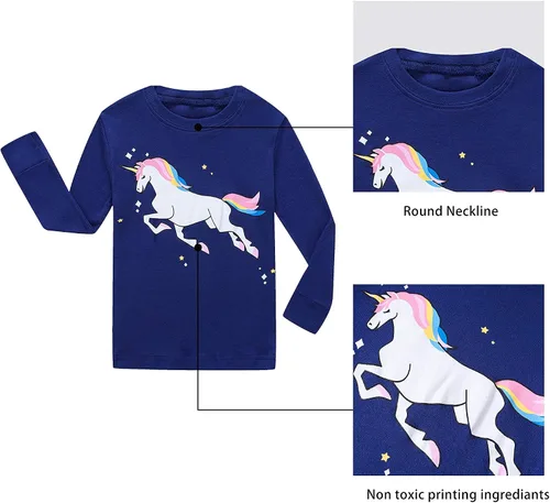 Vista 3 de KikizYe Conjunto de pijamas de manga larga para niñas pequeñas, 100% algodón