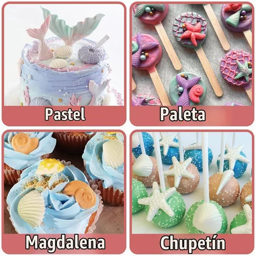 Vista 4 de Moldes de fondant con temática marina, 4 piezas, cola de sirena, concha, estrella de mar, para hornear, chocolate, moldes de silicona