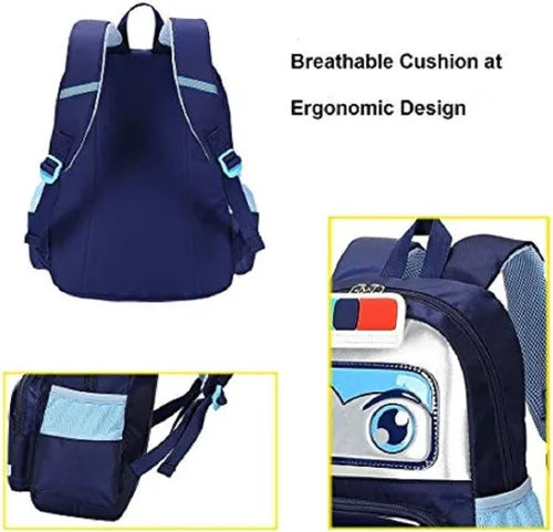 Vista 4 de RuRu monkey Mochila de policía para niños pequeños con fiambrera, mochila escolar para jardín de infantes, mediana, marino