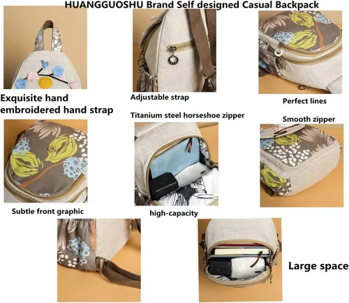 Vista 63 de HUANGGUOSHU Mochila de algodón tejida de algodón bohemio con bordado de lona estilo bohemio con múltiples bolsillos retro linda mochila cartera