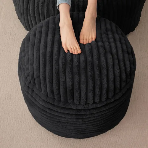 Vista 10 de HIGOGOGO Puf Otomano Redondo Relleno, Pufs de Piel Sintética a Rayas con Relleno de Trozos de Espuma, Puf Peludo y Esponjoso Taburete Reposapiés
