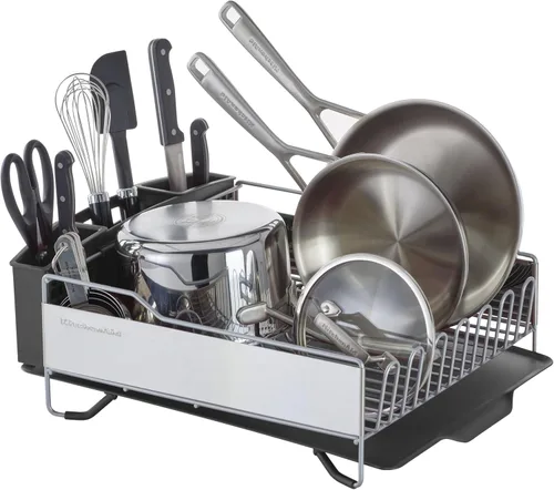 Vista 11 de KitchenAid Escurridor de platos compacto, que ahorra espacio, resistente al óxido con organizador de cubiertos extraíble y bandeja de escurrido Negro