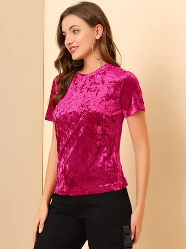 Vista 4 de Allegra K Camiseta casual de terciopelo de Navidad para mujer, cuello redondo, manga corta