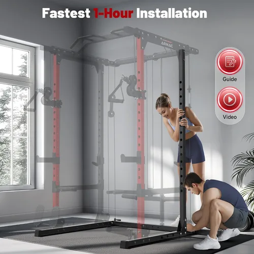 Vista 6 de Sportsroyals Jaula de Potencia, Rack de Potencia Multifuncional de 1600 libras con Sistema de Cruce de Cable Ajustable y Más Accesorios