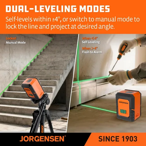 Vista 5 de JORGENSEN Nivel Láser con Trípode, Módulos Duales de 100 FT Herramienta Niveladora Láser de Línea Cruzada Autonivelante con Base Magnética de 360°