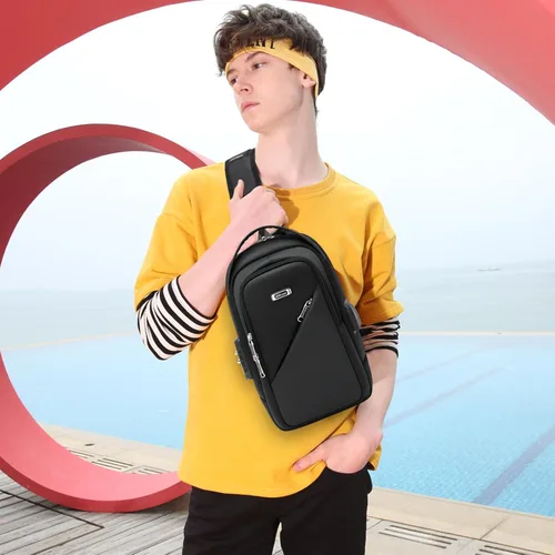 Vista 16 de DUSLANG Mochila de hombro para senderismo, bolsa cruzada para hombres, bolsas de pecho con puerto de cargador USB para campamento casual, ciclismo