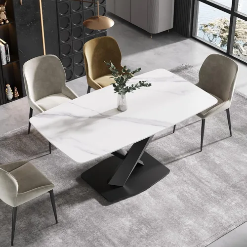 Vista 13 de Mesa de comedor moderna, mesa de comedor de piedra sinterizada blanca antigua con base de acero al carbono sólido en forma de X, mesa de comedor