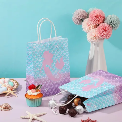 Vista 5 de Jectivs 16 bolsas de recuerdo de fiesta de cumpleaños de sirena, bolsas de regalo de papel kraft con asas para niños, suministros de fiesta de baby
