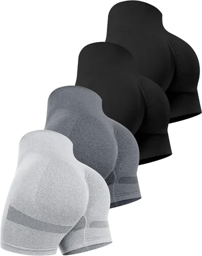 Vista 34 de CHRLEISURE Pantalones Cortos de Entrenamiento para Mujer, 4 Paquetes, Cintura Alta, Levantamiento de Glúteos con Fruncido, Pantalones Cortos Booty