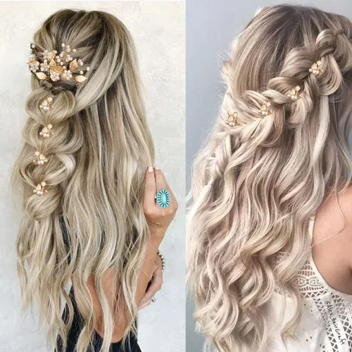 Vista 6 de 7 horquillas para el cabello de boda, hoja dorada, tocado de novia, perlas, accesorios para el cabello, accesorios para el cabello, accesorios