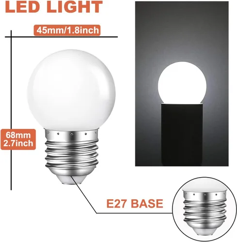 Vista 2 de Bombilla de luz nocturna, bombillas LED de 1 W, bombillas G14 G45 E26, bombillas de ahorro de energía, equivalente a 5 W, blanco frío de 6500 K