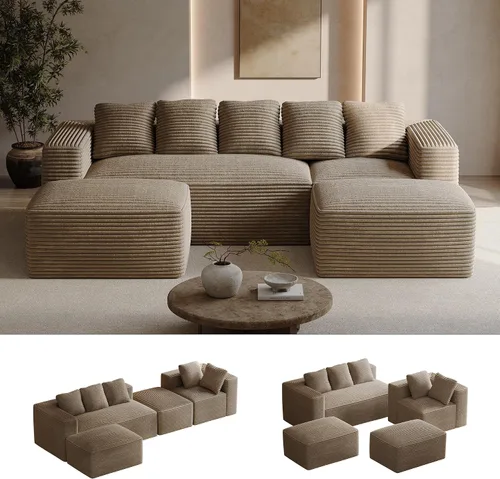 Vista 33 de ONEMMLION - Sofá grande sin hueso de 131 pulgadas con diván, color beige Corduroy, U-Shaped Modular Sectional Couch for Living Room, Memory Foam