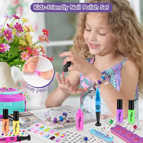 Vista 6 de Juego de esmaltes de uñas para niñas, kit de arte de uñas DIY con secador de uñas, uñas postizas, pegatinas de uñas, esmalte de uñas despegable,