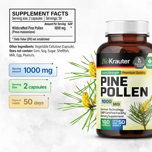 Vista 3 de BIO KRAUTER® Polen de pino para el apoyo de los hombres, extracto de polen de pino puro y vegano, 1000 mg por porción, suplemento de apoyo